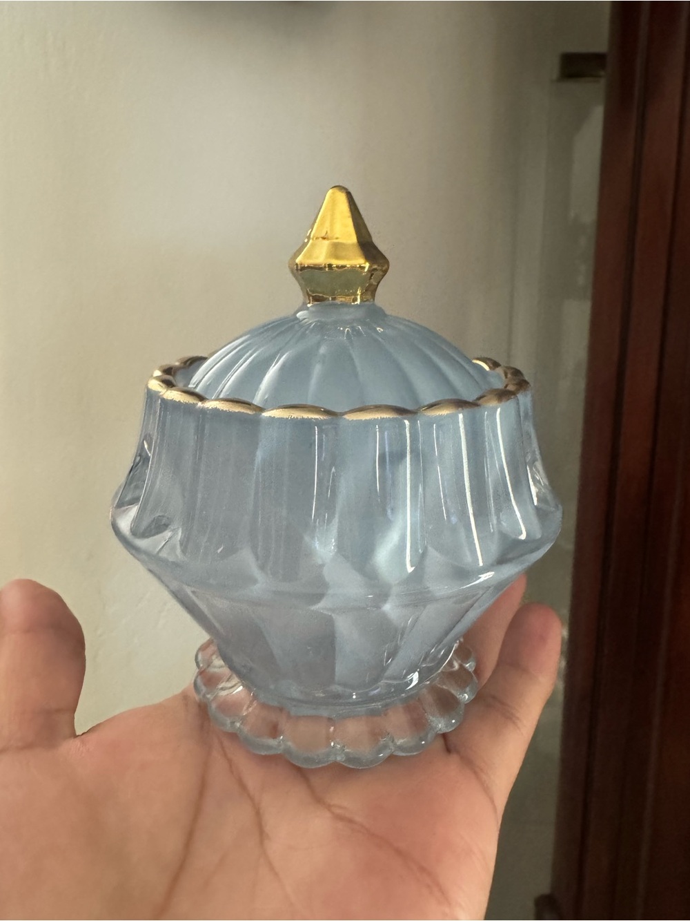 Source Unknown Pale Blue Glass Trinket Jar with Gold Accent Lid